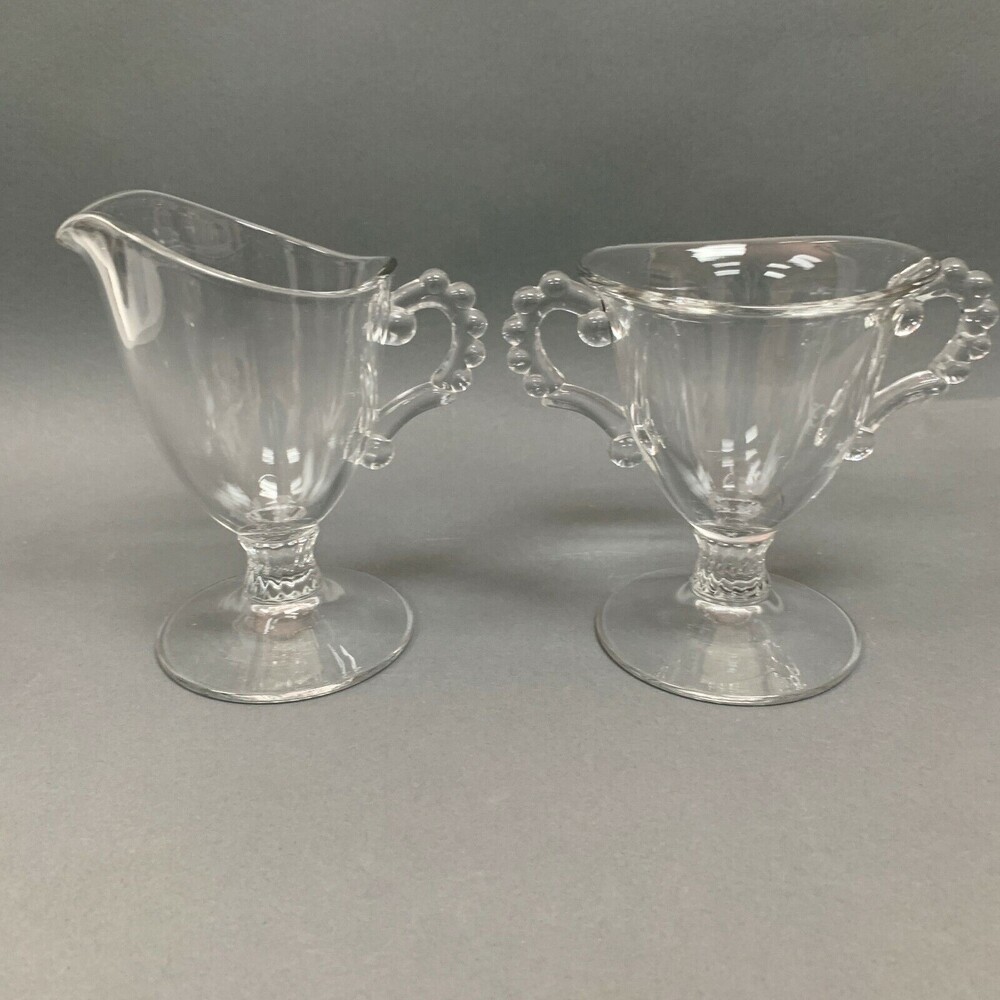 Ohio Imperial Glass Cream and Sugar Clear Footed Bowls Beaded Candlewick